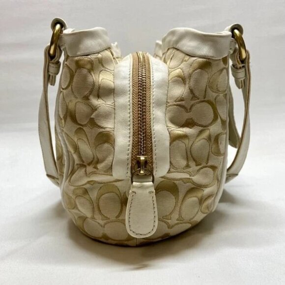 Coach Cricket 13604 Cream Tan Signature Shoulder Bag Purse Leather Trim TurnLock - Picture 3 of 15